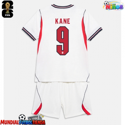 Camiseta Inglaterra Harry Kane #9 Primera Equipación Replica Mundial 2026 para niños mangas cortas (+ Pantalones cortos)
